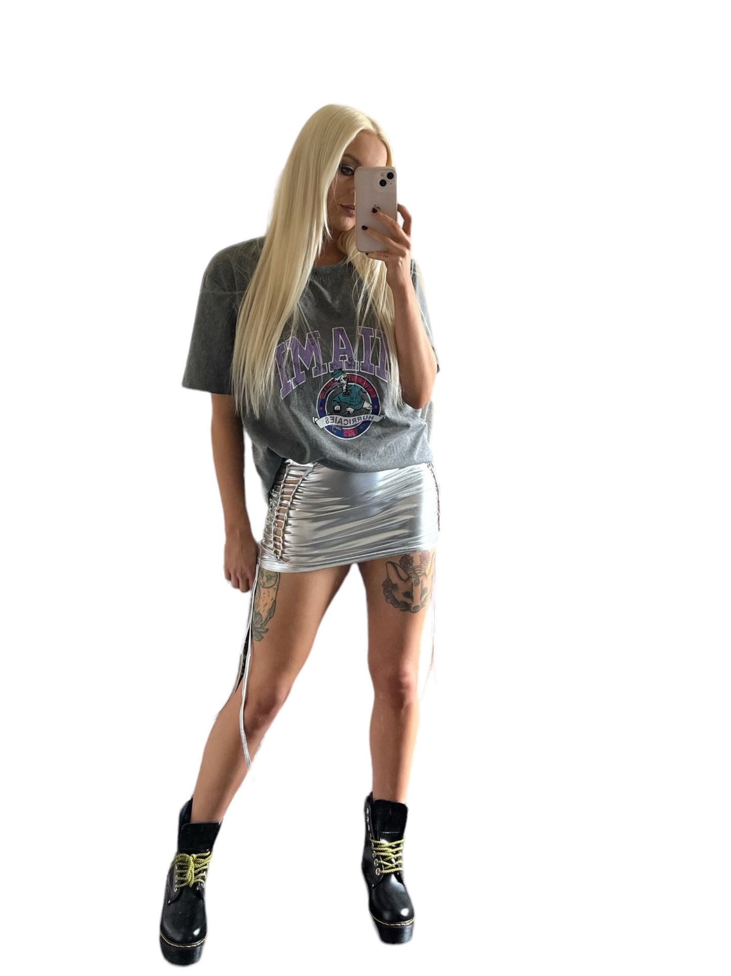 Silver Metallic Faux Leather Lace Up Mini Skirt