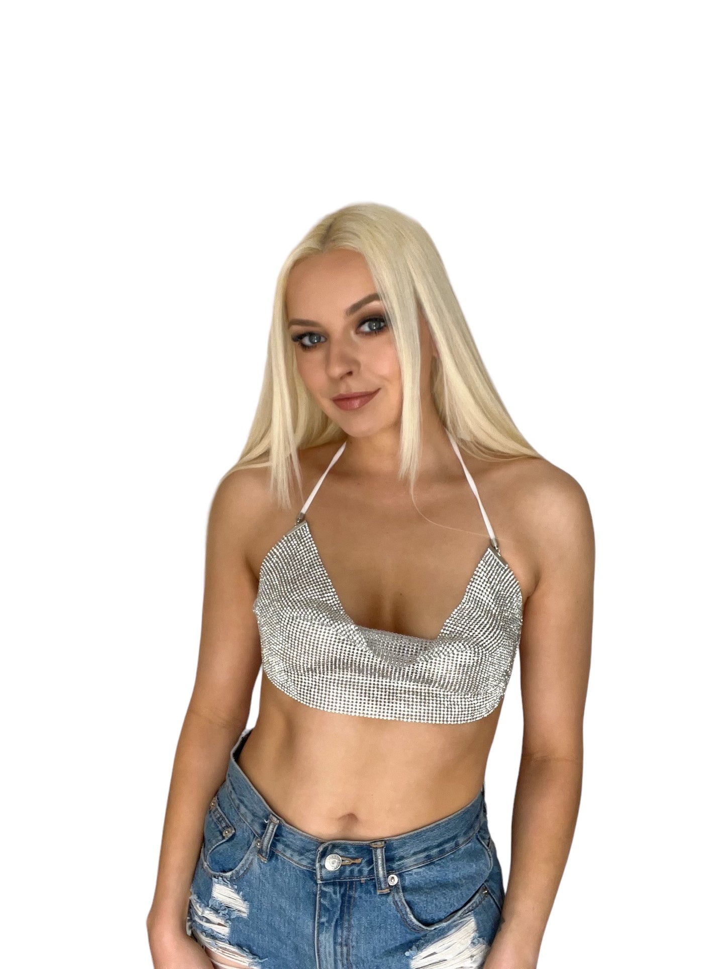 Silver Chain Rhinestone Cowl Crop Top