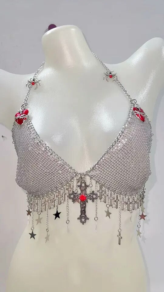 Silver Gothic Chain Tassel Bra Crop Top
