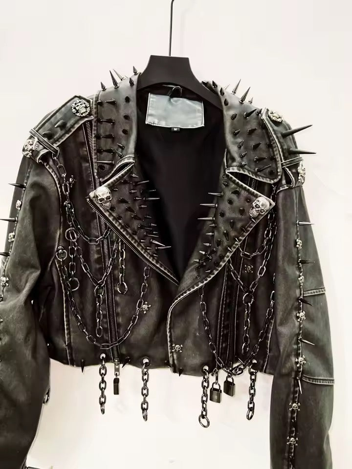 Black Leather Skull Spike Studded Punk Jacket