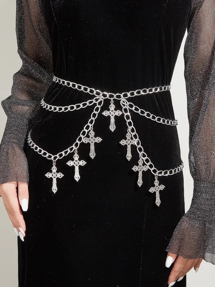 Silver Gothic Chain Layer Cross Charm Belt
