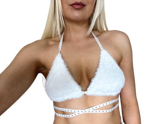 White Fluffy Festival Studded Wrap Crop Top