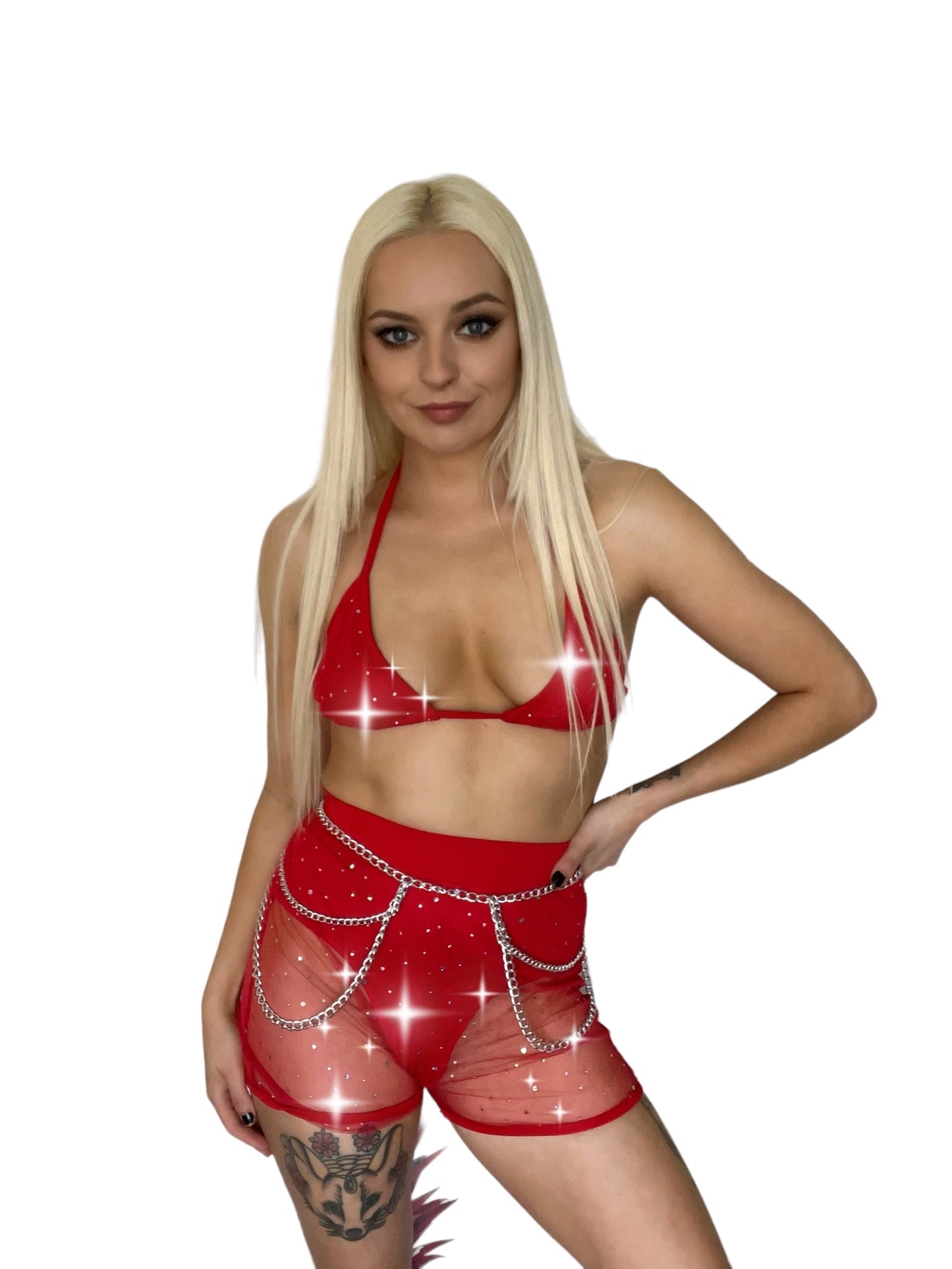 Red Mesh 2 Piece Rhinestone Top Shorts Set
