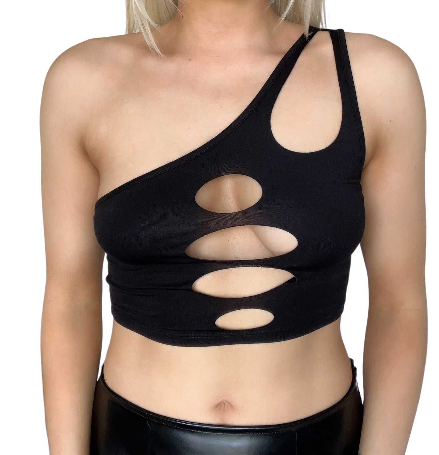 Black 2 Piece Rhinestone Fishnet Crop Top Techno Set