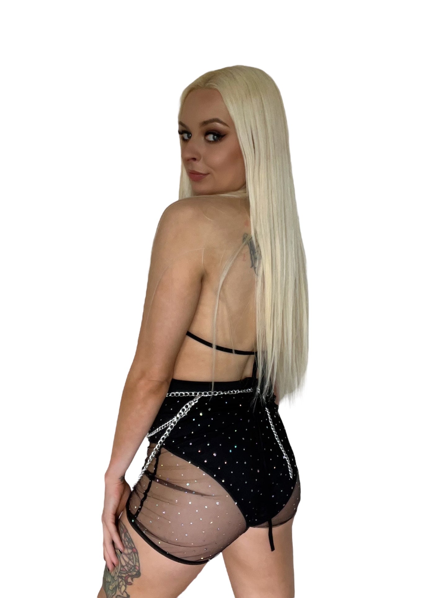 Black Mesh 2 Piece Rhinestone Top Shorts Set