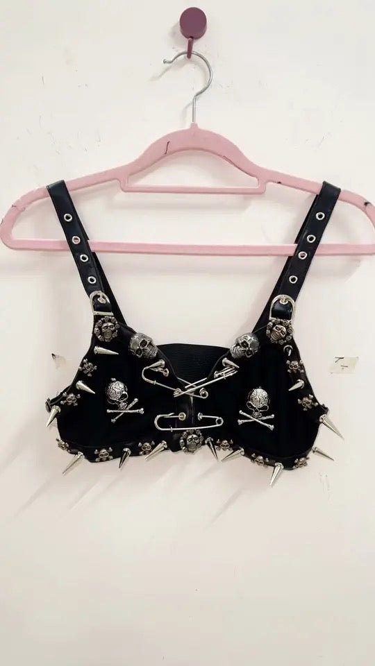 Black Punk Spike Studded Skull Crop Top