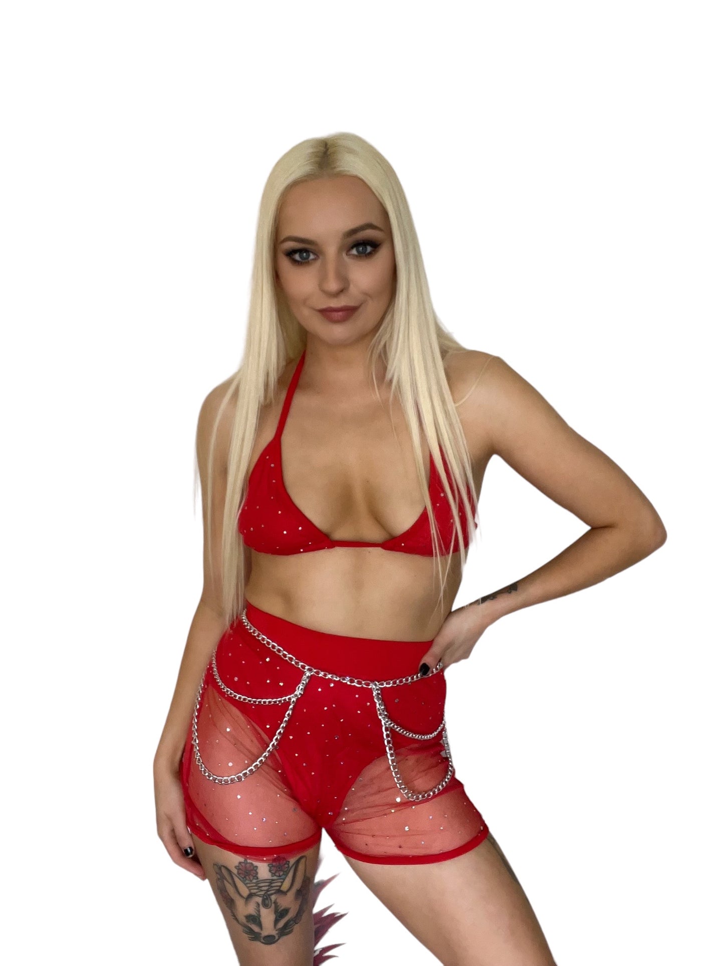 Red Mesh 2 Piece Rhinestone Top Shorts Set