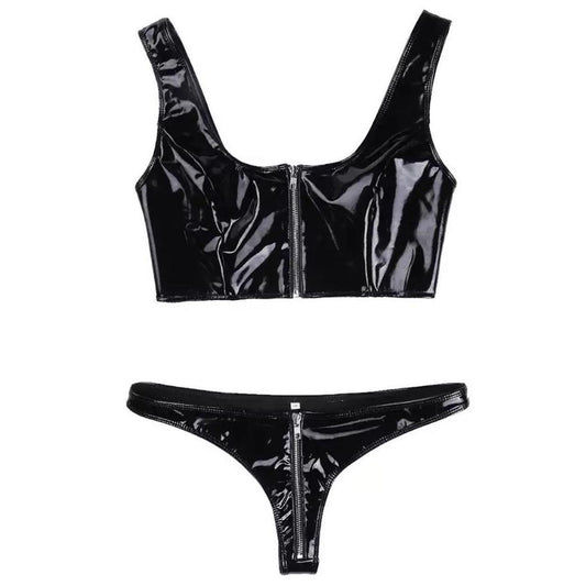 Black PVC Faux Leather 2 Piece Bikini Set