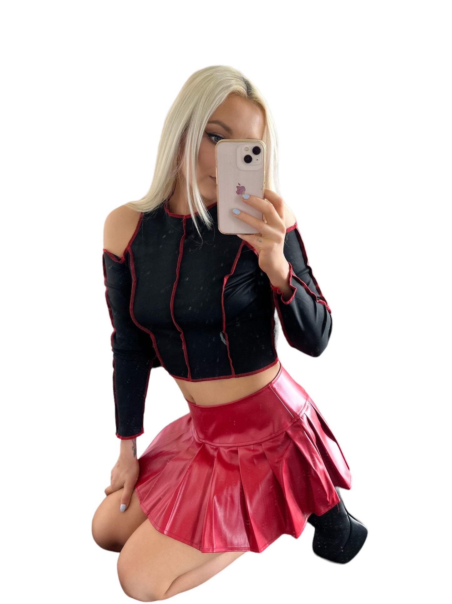 Red Faux Leather Low Rise Tennis Mini Skater Skirt