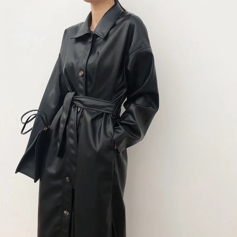 Black Faux Leather Winter Long Punk Coat