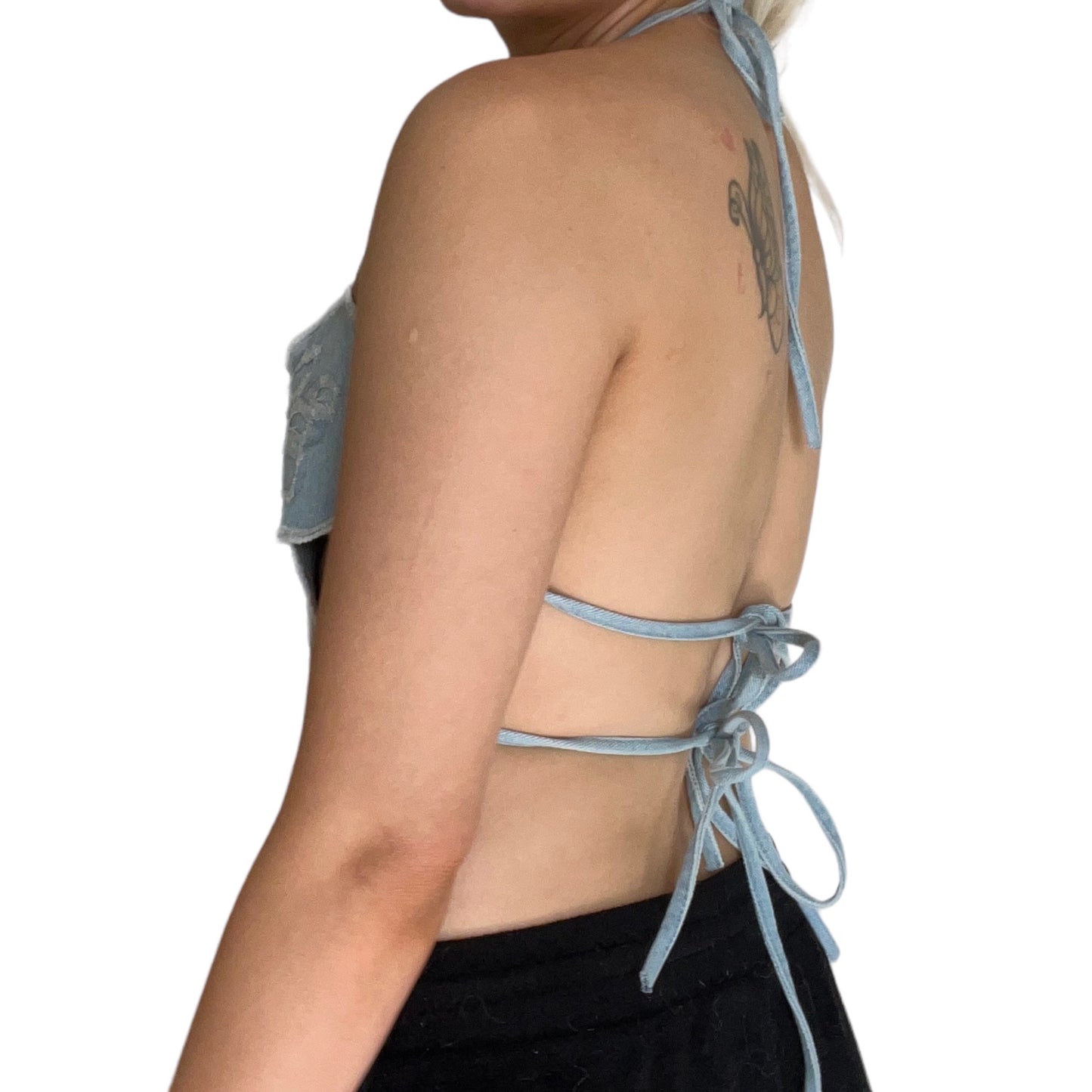 Blue Denim Y2k Backless Butterfly Crop Top