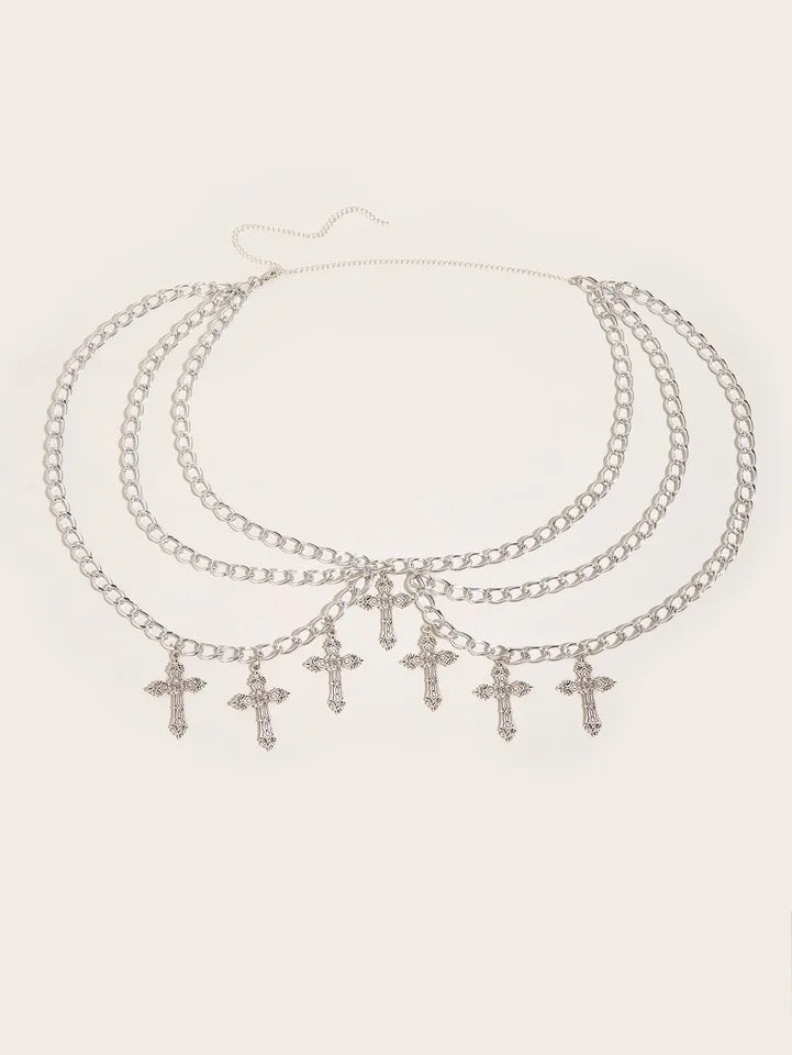 Silver Gothic Chain Layer Cross Charm Belt