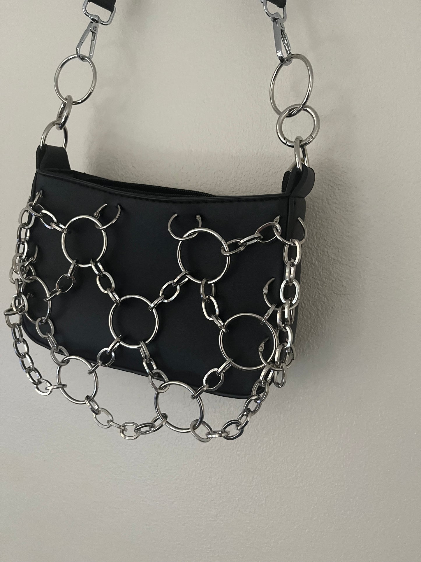 Black Faux Leather Hoop Chainmail Punk Shoulder Bag