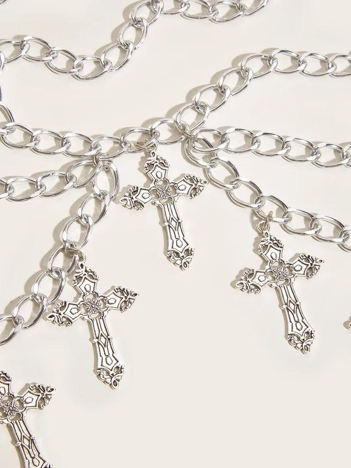 Silver Gothic Chain Layer Cross Charm Belt