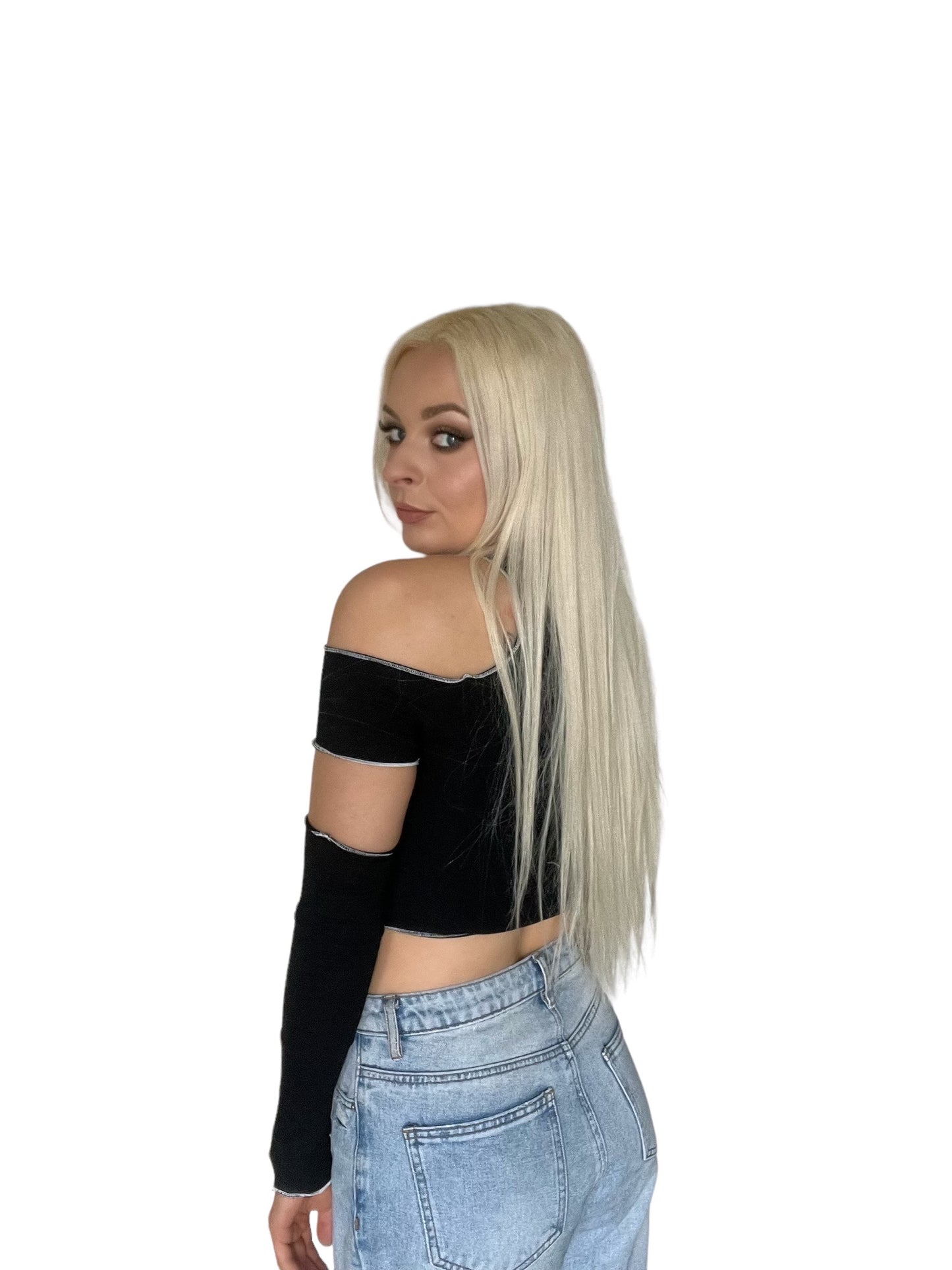 Black Cold Shoulder Crop Top With Arm Sleeves