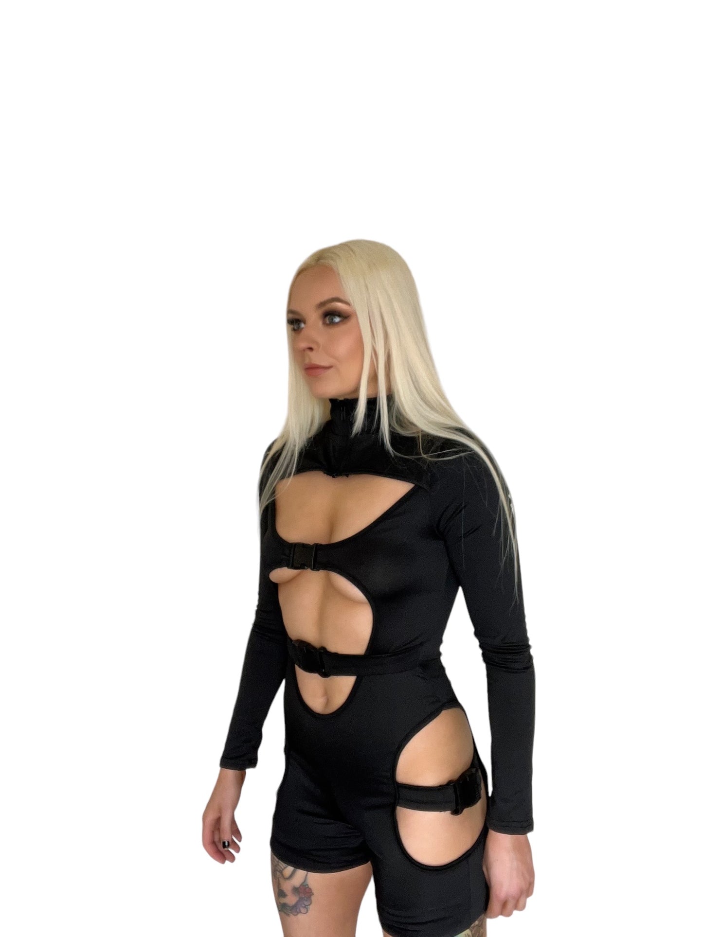 Black Extreme Cut Out Rave Buckle Playsuit