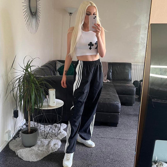 Black High Waisted Stripe Popper Casual Trousers