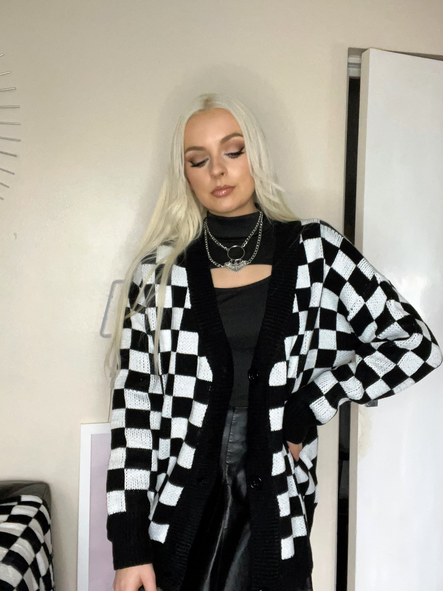 Black And White Checkerboard Knitted Oversized Cardigan