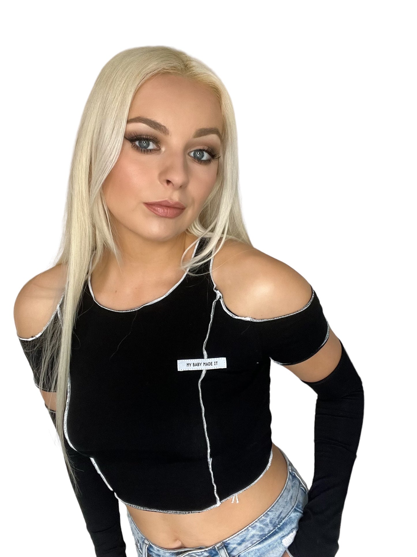 Black Cold Shoulder Patchwork Crop Top