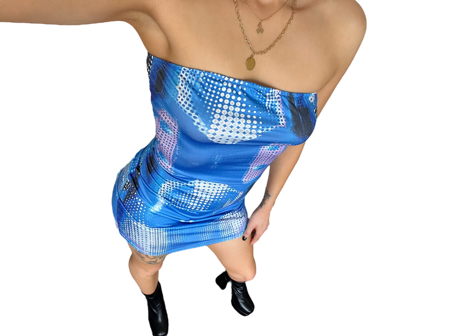Blue 3D Body Print Strapless Bandeau Tube Dress