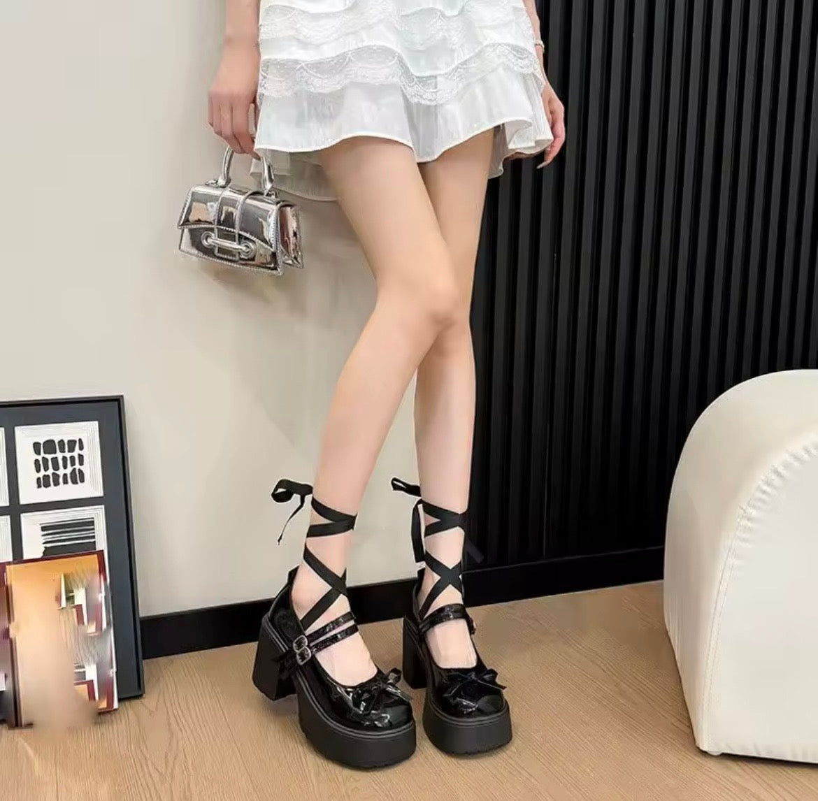 Black Patent Lolita Platform Mary Jane Balletcore Heel Shoes