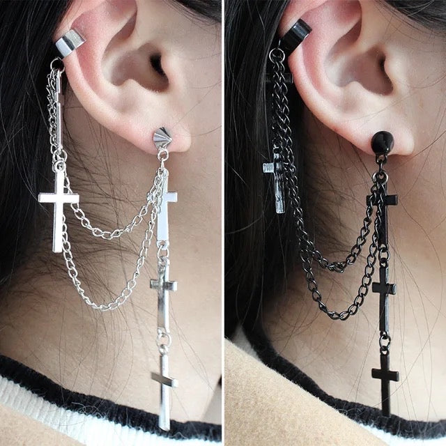 Cross Pendant Chain Earrings With Ear Cuff