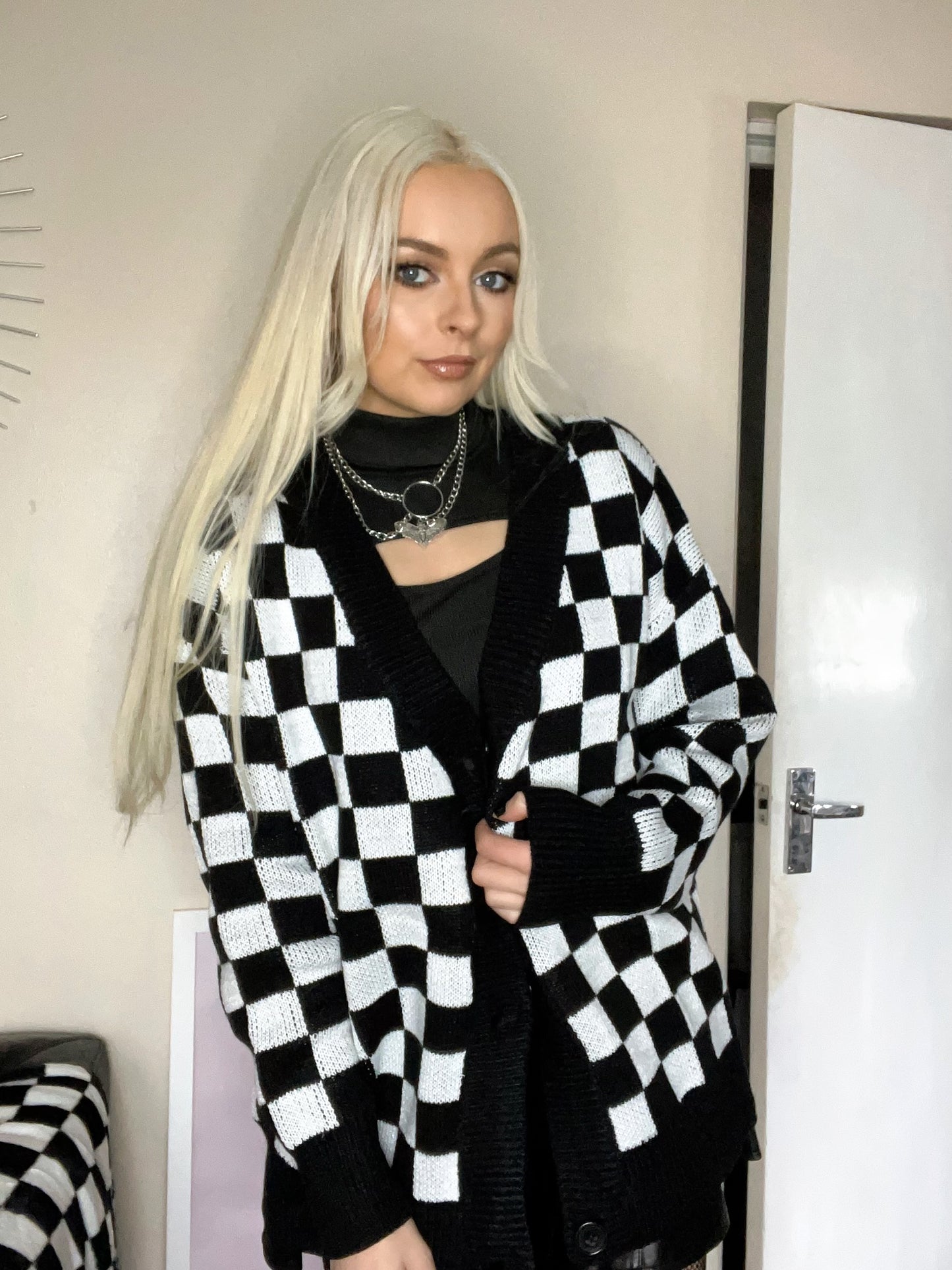 Black And White Checkerboard Knitted Oversized Cardigan