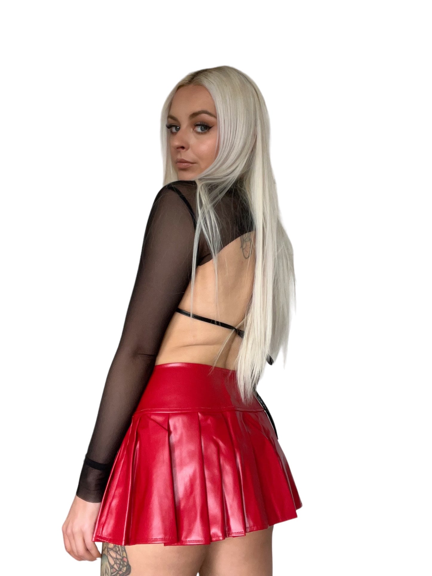 Red Faux Leather Low Rise Tennis Mini Skater Skirt