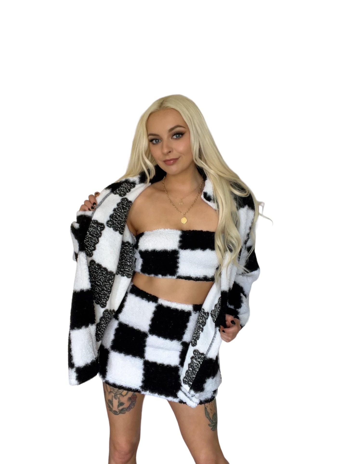 Black and White Checkerboard Fluffy 3 Piece Co-Ord Set