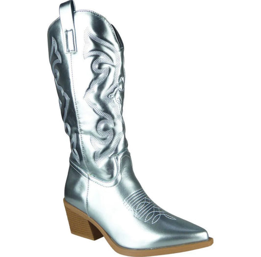 Blue Metallic Faux Leather Mid Calf Cowboy Boots