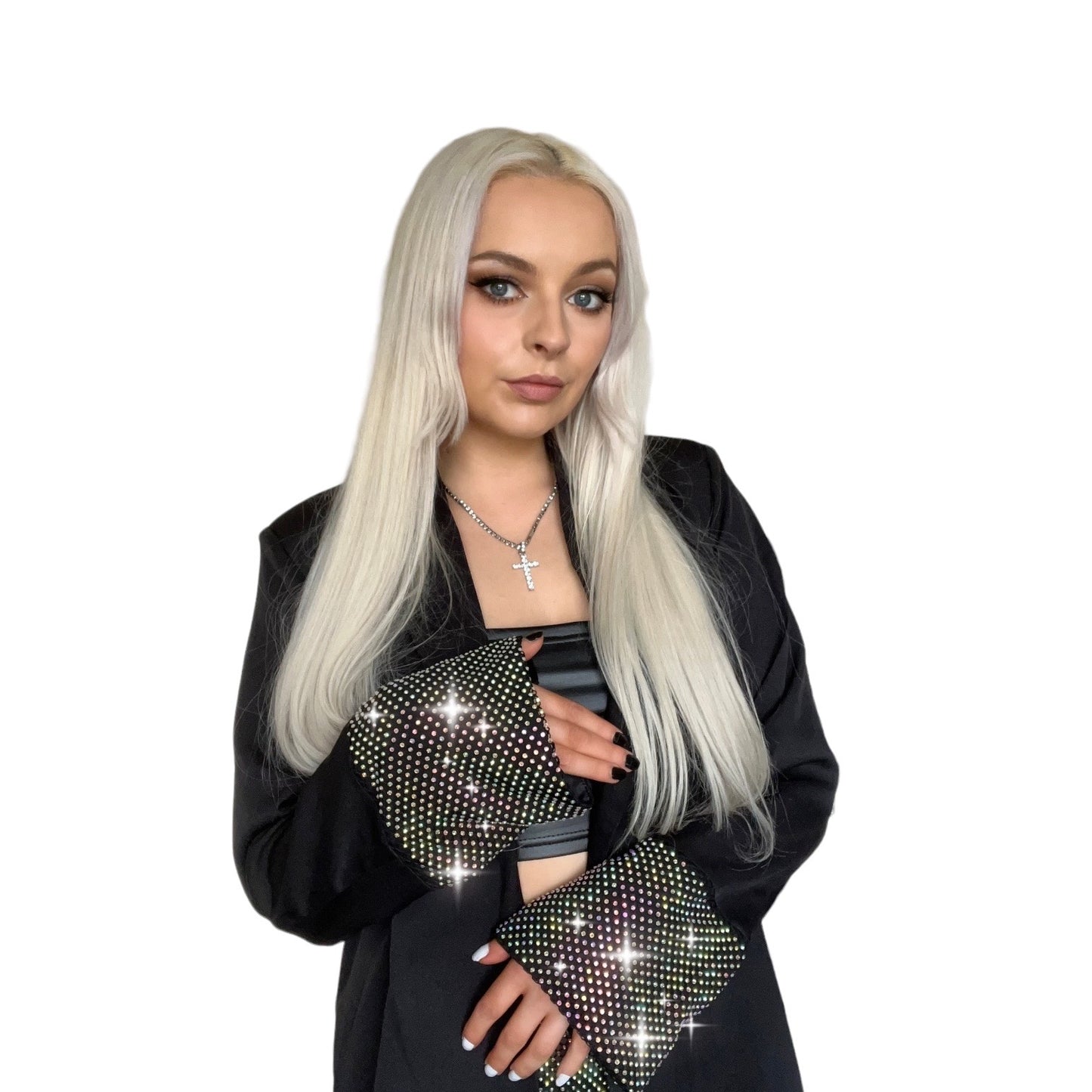 Black 2 Piece Fishnet Rhinestone Blazer Suit Set