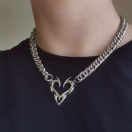 Silver Chunky Chain Punk Heart Necklace