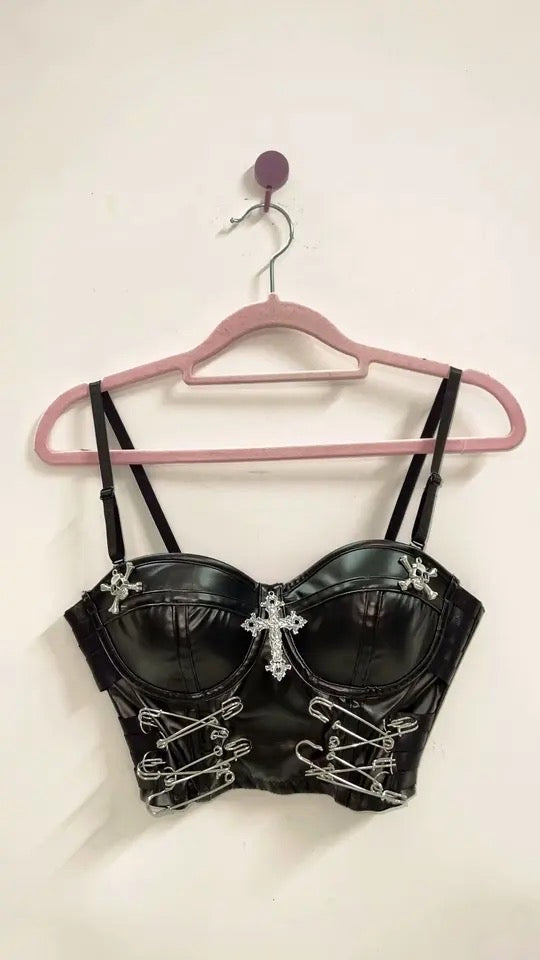 Black Faux Leather Punk Charm Corset Crop Top