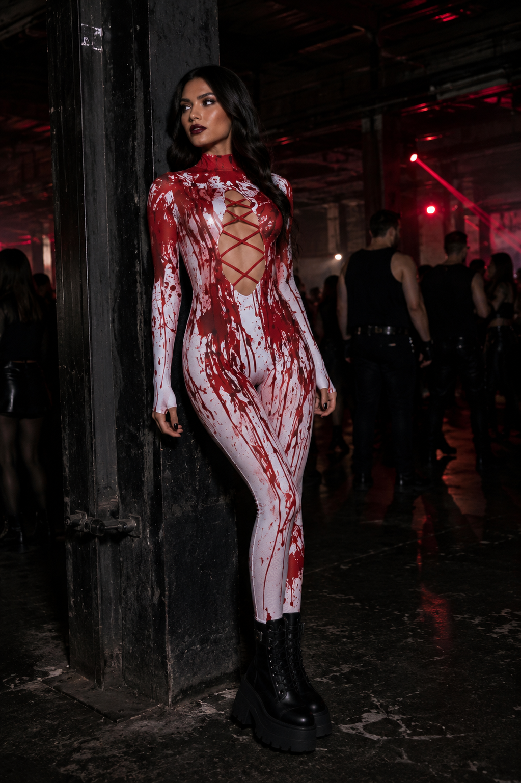 Cyberpunk Horror Sexy Blood Splatter Cut Out Catsuit Halloween Gore Costume