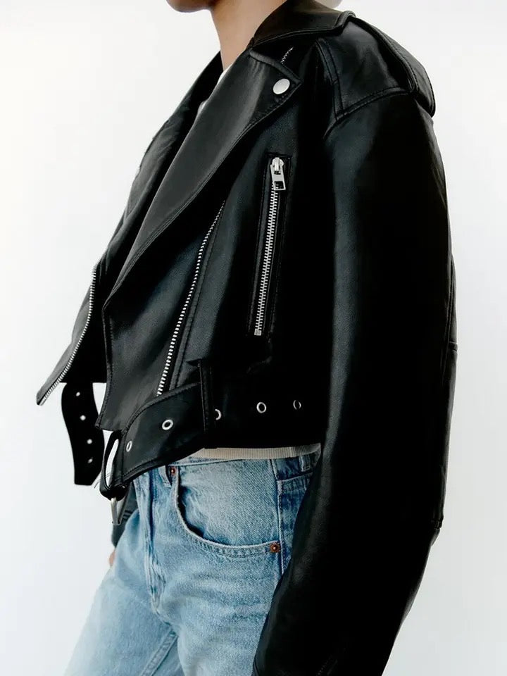 Black Faux Leather Cropped Biker Punk Jacket