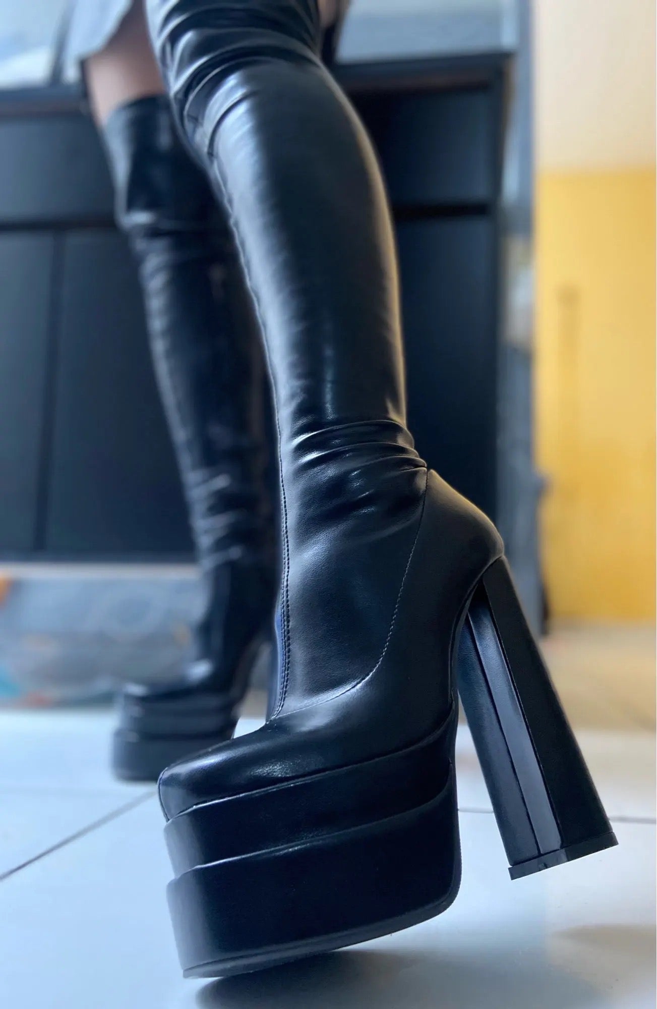 Black Faux Leather Over Knee Platform Heel Boots