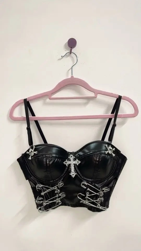 Black Faux Leather Punk Charm Corset Crop Top