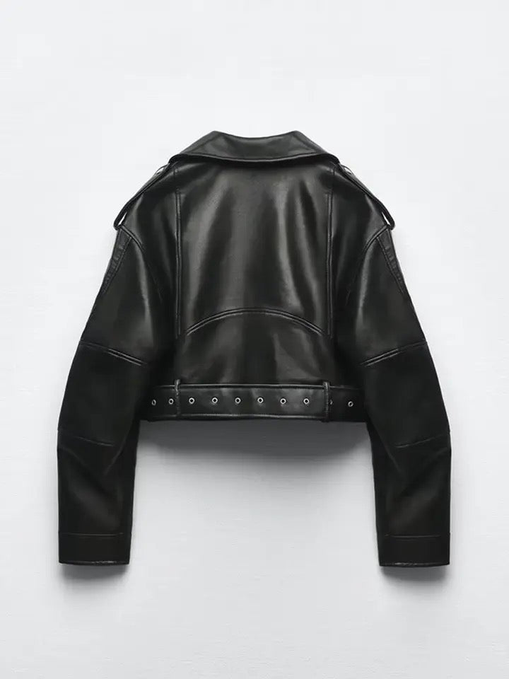 Black Faux Leather Cropped Biker Punk Jacket