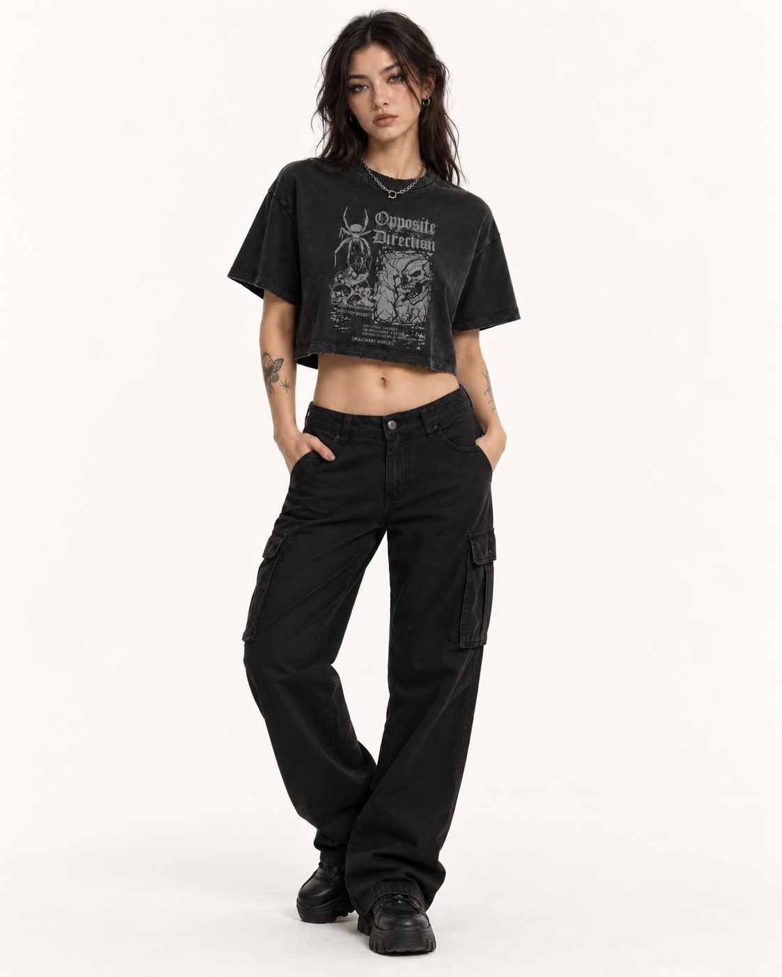 Black Gothic Graphic Crop T-Shirt – Oversized Washed Spider & Skull Tee