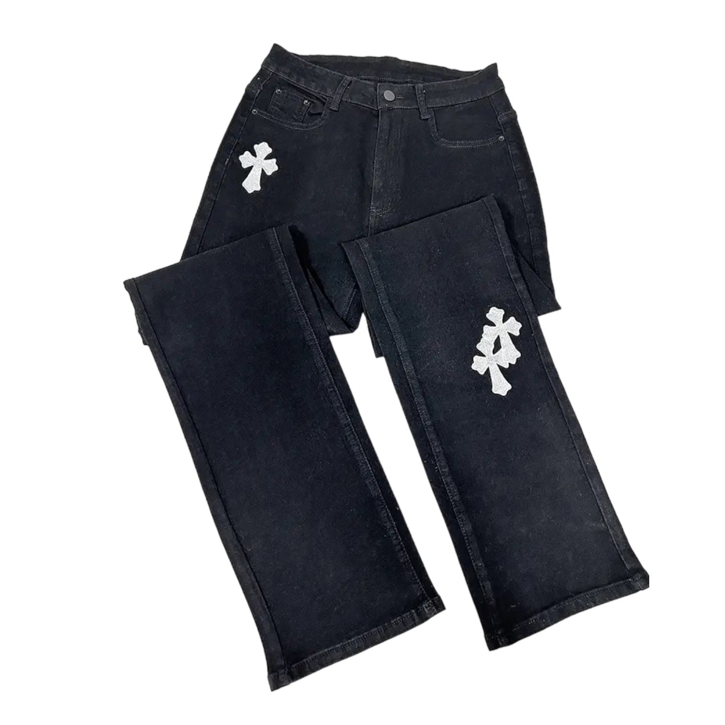 Black Denim Gothic Cross Straight Leg Jeans
