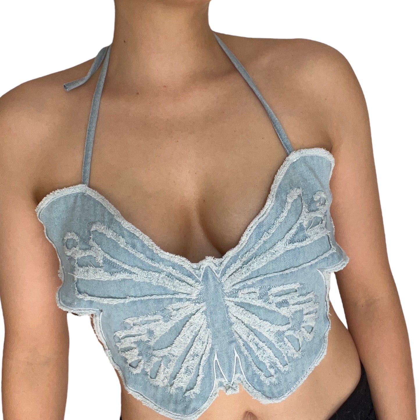 Blue Denim Y2k Backless Butterfly Crop Top