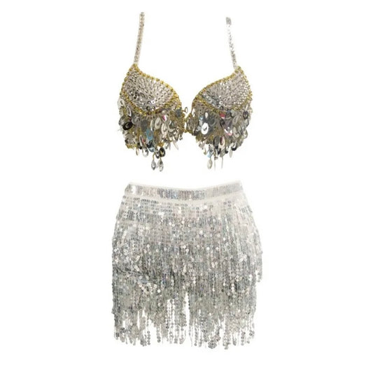 Silver Sequin Tassel 2 Piece Belly Dance Festival Outfit Set