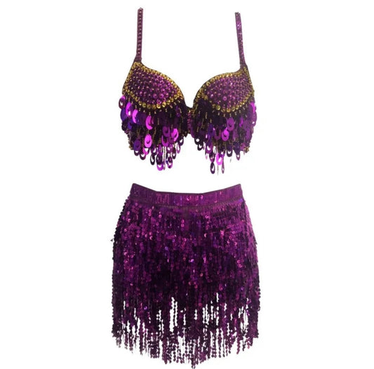 Purple Sequin Tassel 2 Piece Belly Dance Festival Outfit Set