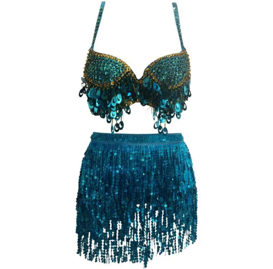 Blue Sequin Tassel 2 Piece Belly Dance Festival Outfit Set