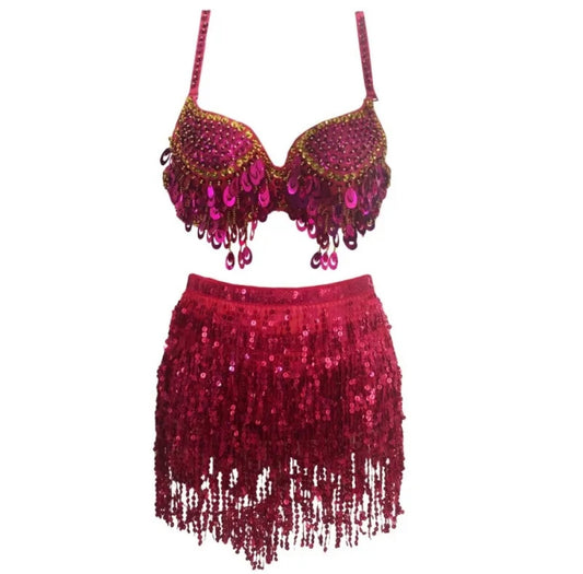 Hot Pink Sequin Tassel 2 Piece Belly Dance Festival Outfit Set