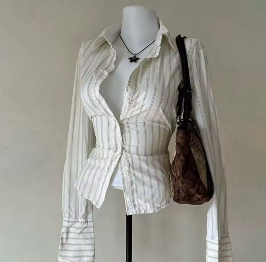 White Vintage Style Y2k Long Sleeve Pinstripe Shirt