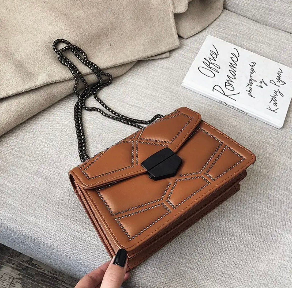 Brown Faux Leather Studded Chain Box Bag