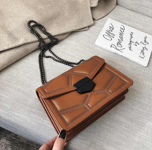 Brown Faux Leather Studded Chain Box Bag