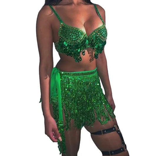 Green Sequin Tassel 2 Piece Belly Dance Festival Outfit Set