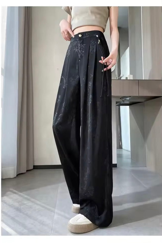 Black Gothic Floral Wide Leg Corporate Trousers